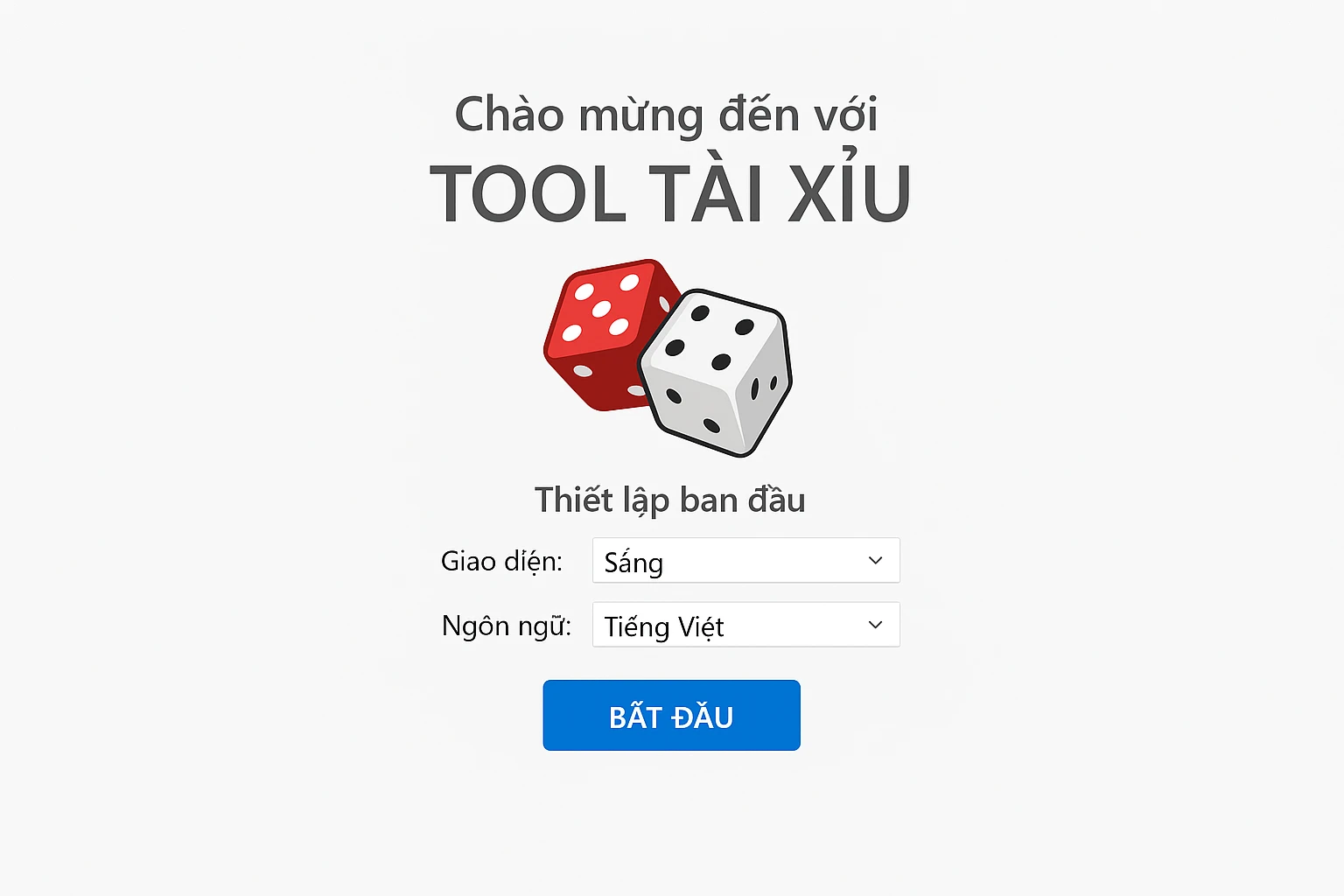 Giao diện welcome screen của Tool Tài Xỉu trên Windows với logo lớn ở giữa, hiển thị các tùy chọn thiết lập ban đầu, dropdown theme sáng/tối, lựa chọn ngôn...