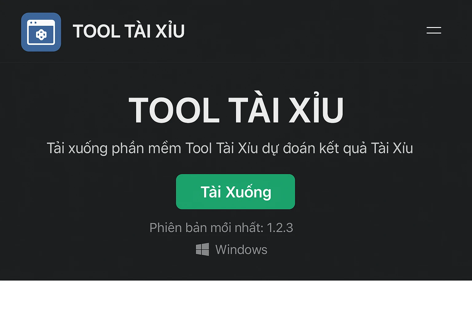 Screenshot trang chủ website Tool Tài Xỉu với nút tải xuống màu xanh nổi bật, giao diện chuyên nghiệp và hiện đại, có logo tool rõ ràng, hiển thị phiên...
