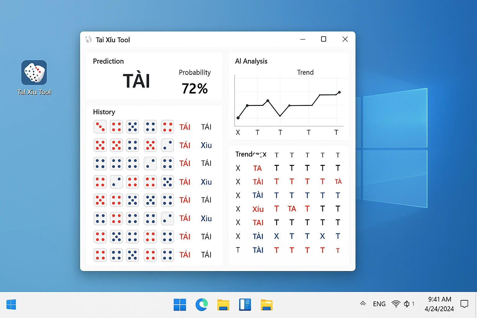 Giao diện desktop Windows 10/11 hiện đại với icon Tool Tài Xỉu được cài đặt trên desktop, màn hình hiển thị tool đang chạy với giao diện AI phân tích...